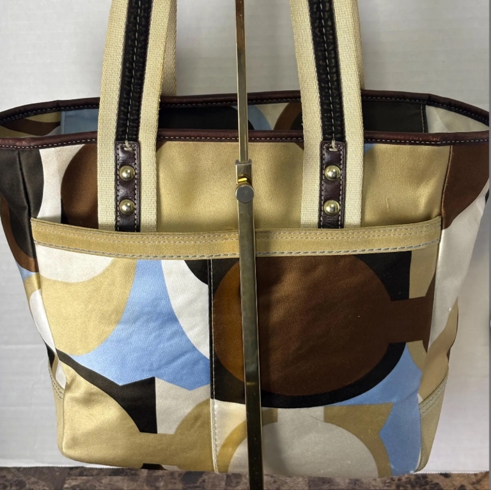 Coach Brown and Blue Satin Tote Bag - Picture 4 of 11